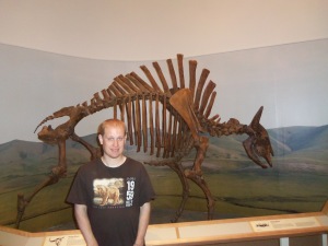 Matthew in front of a fossilized bison. It's much easier to imagine the back hump after seeing those vertebrae.